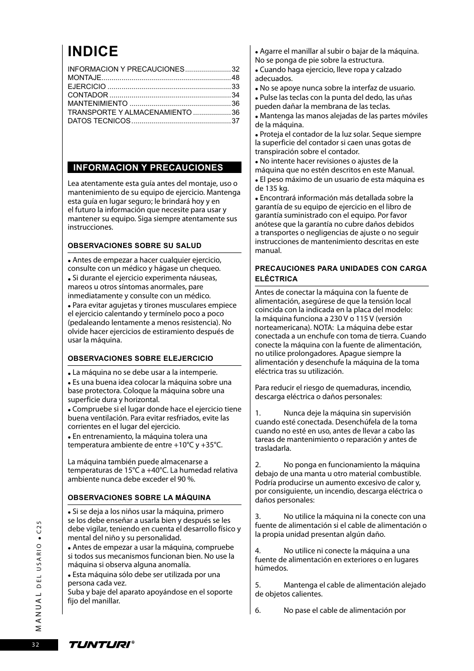 Indice | Tunturi C25 User Manual | Page 32 / 60