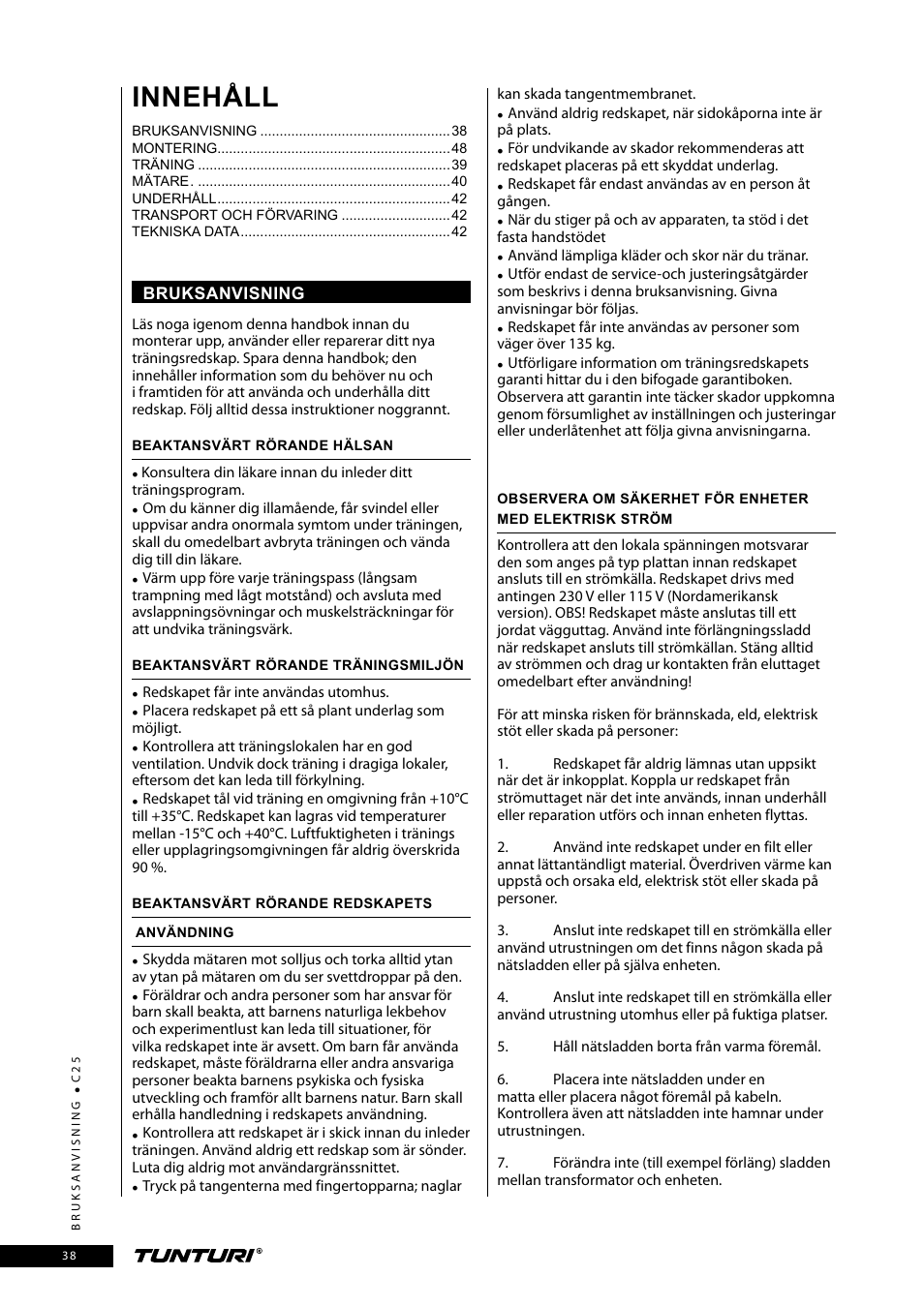 Innehåll | Tunturi C25 User Manual | Page 38 / 60