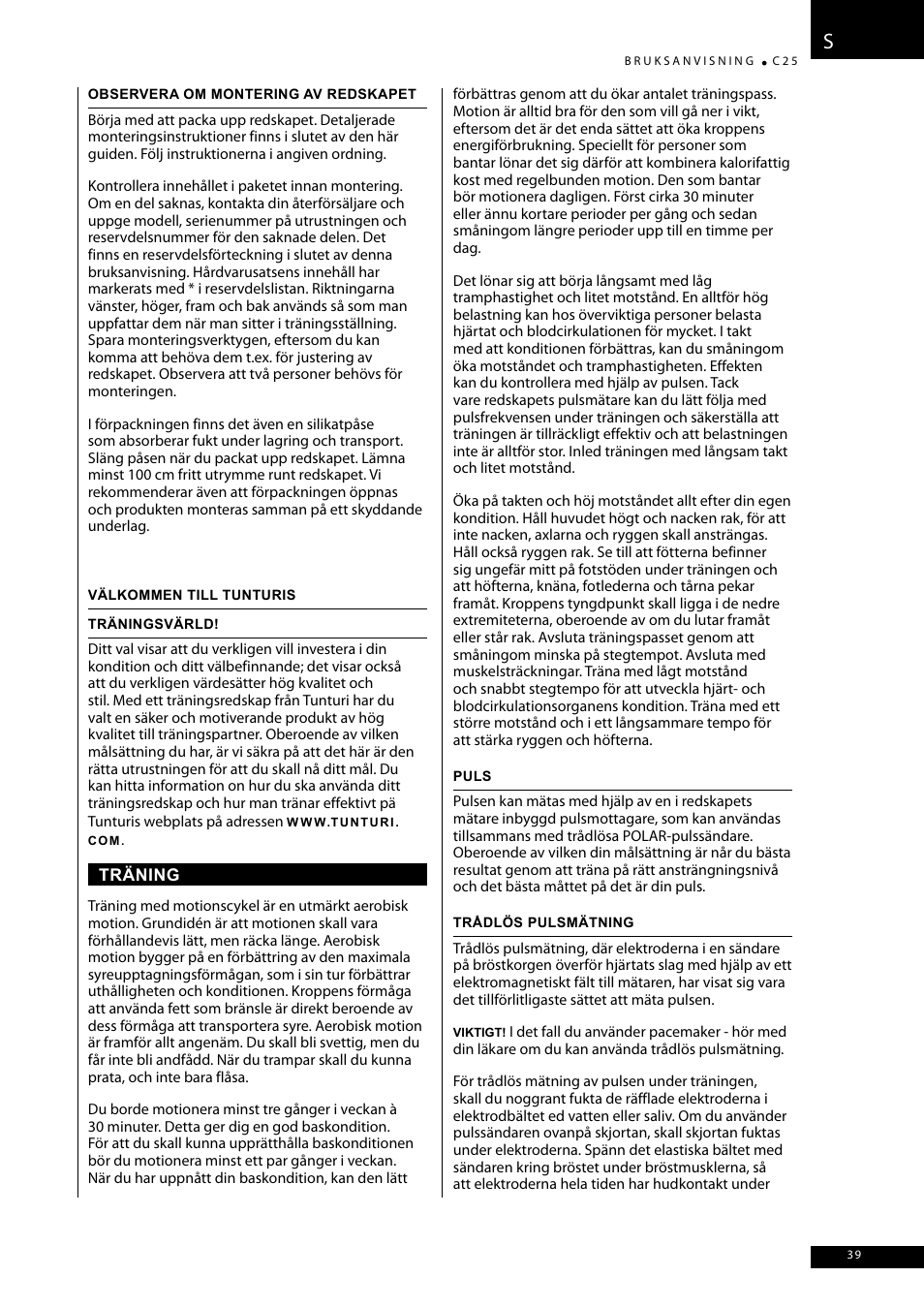 Tunturi C25 User Manual | Page 39 / 60