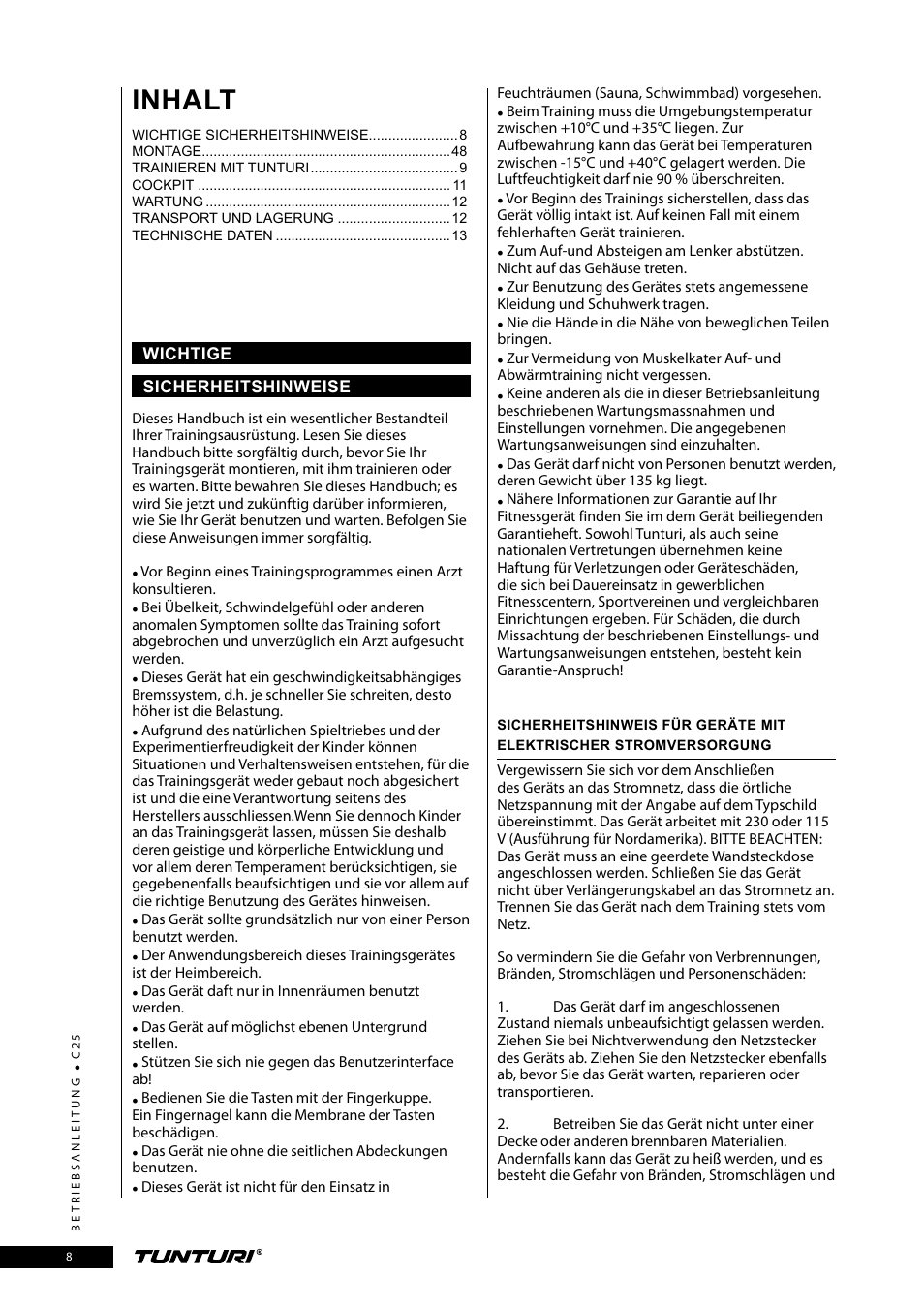 Inhalt | Tunturi C25 User Manual | Page 8 / 60