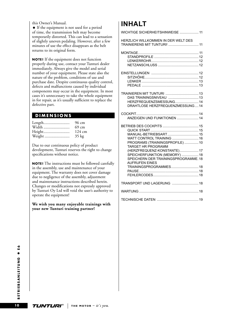 Inhalt | Tunturi E6 User Manual | Page 10 / 76