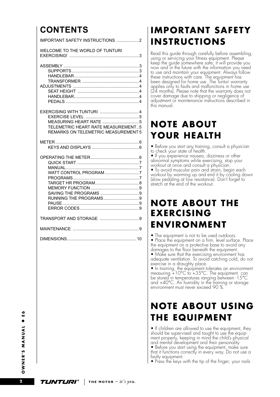 Tunturi E6 User Manual | Page 2 / 76