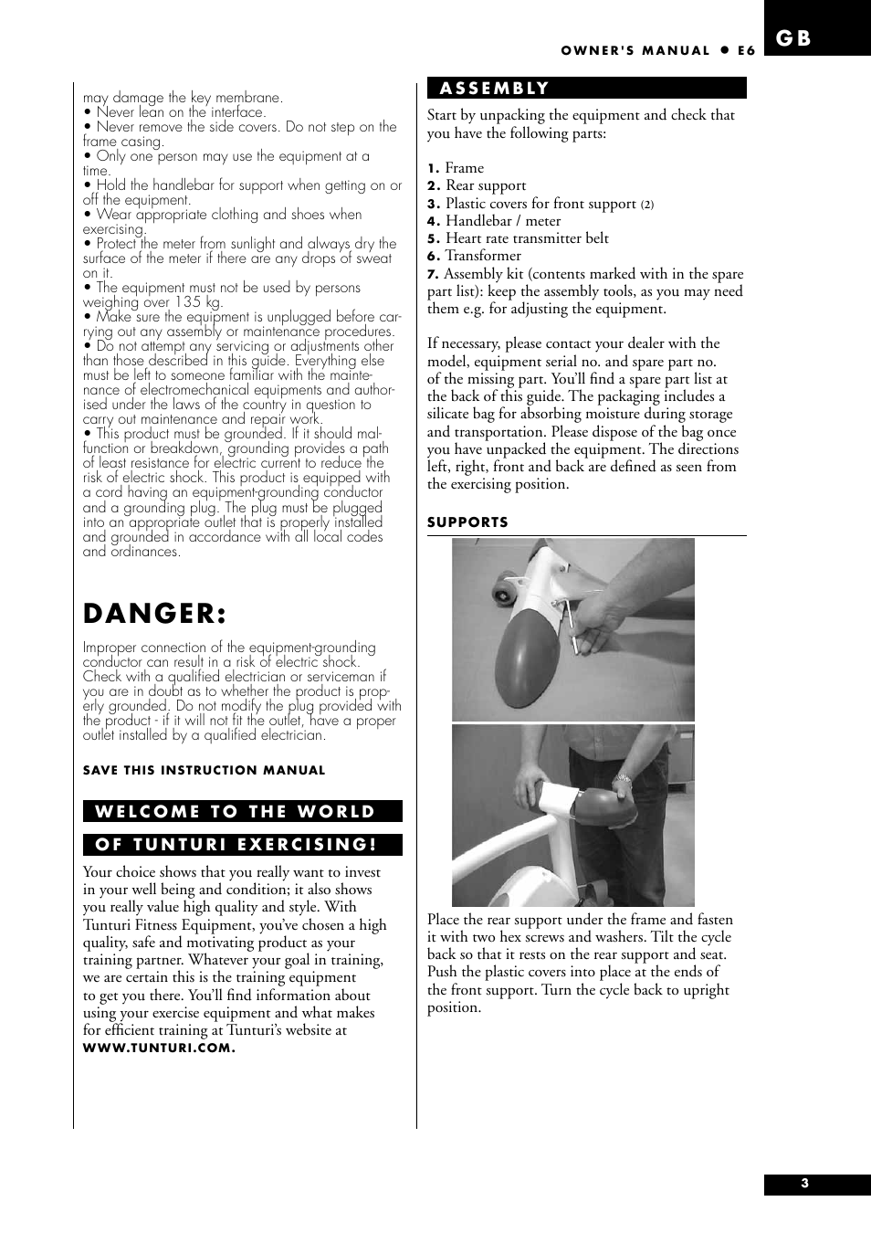 Danger | Tunturi E6 User Manual | Page 3 / 76