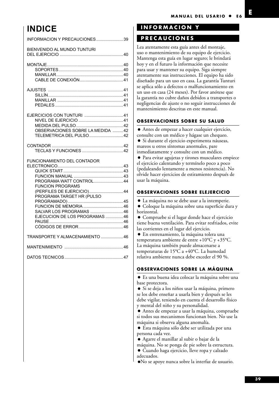 Indice | Tunturi E6 User Manual | Page 39 / 76