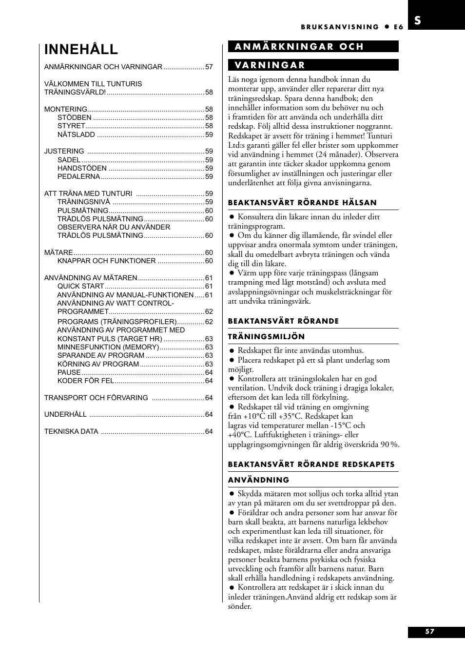 Innehåll | Tunturi E6 User Manual | Page 57 / 76