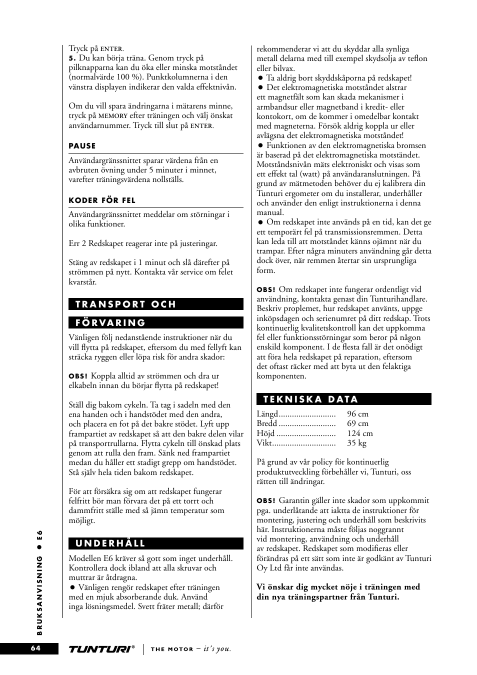Tunturi E6 User Manual | Page 64 / 76