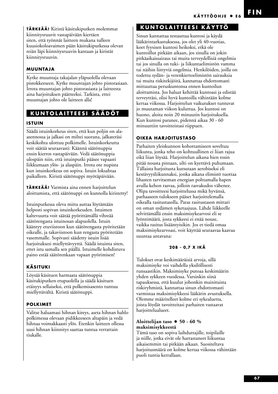 F i n | Tunturi E6 User Manual | Page 67 / 76