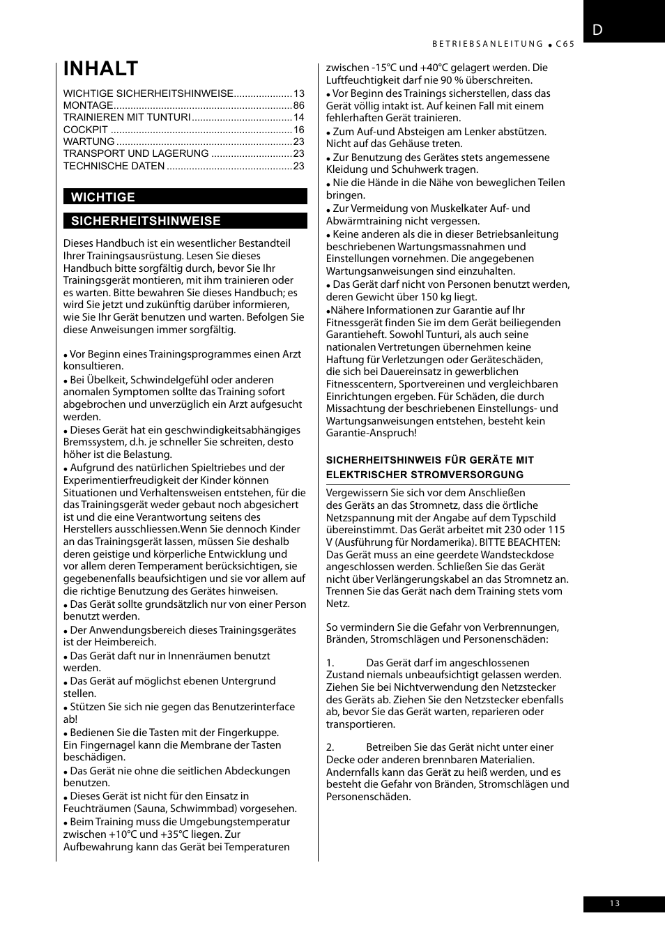 Inhalt | Tunturi C65 User Manual | Page 13 / 96