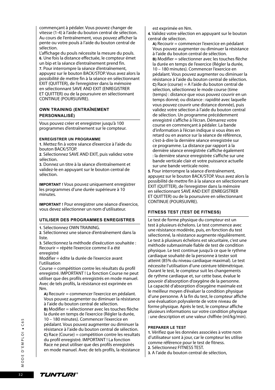 Tunturi C65 User Manual | Page 32 / 96