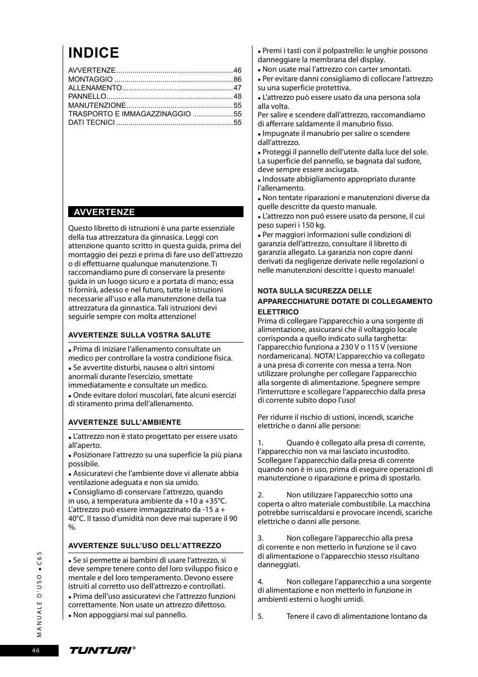 Indice | Tunturi C65 User Manual | Page 46 / 96