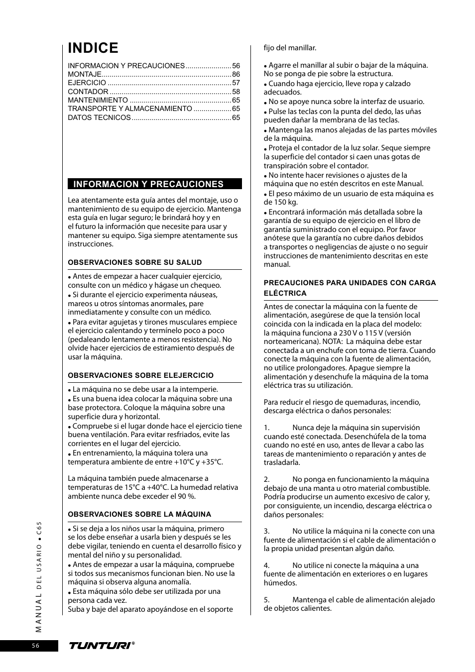 Indice | Tunturi C65 User Manual | Page 56 / 96