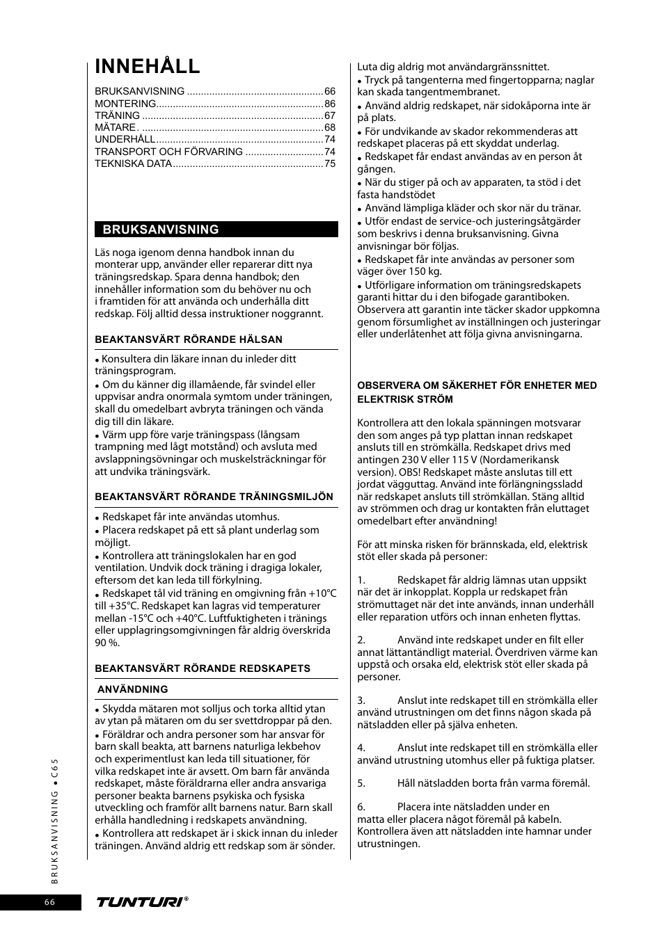 Innehåll | Tunturi C65 User Manual | Page 66 / 96