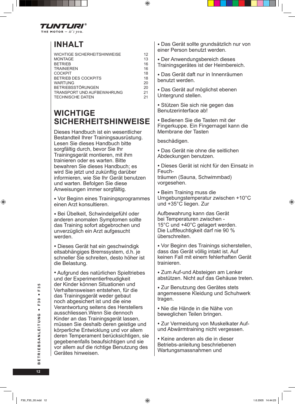 Wichtige sicherheitshinweise, Inhalt | Tunturi F35 User Manual | Page 12 / 86