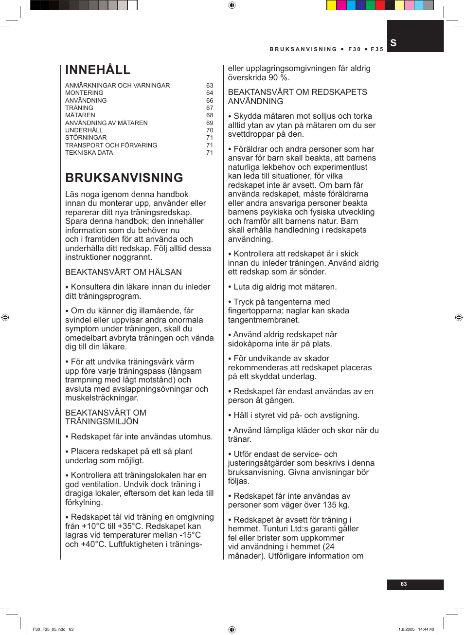 Bruksanvisning, Innehåll | Tunturi F35 User Manual | Page 63 / 86