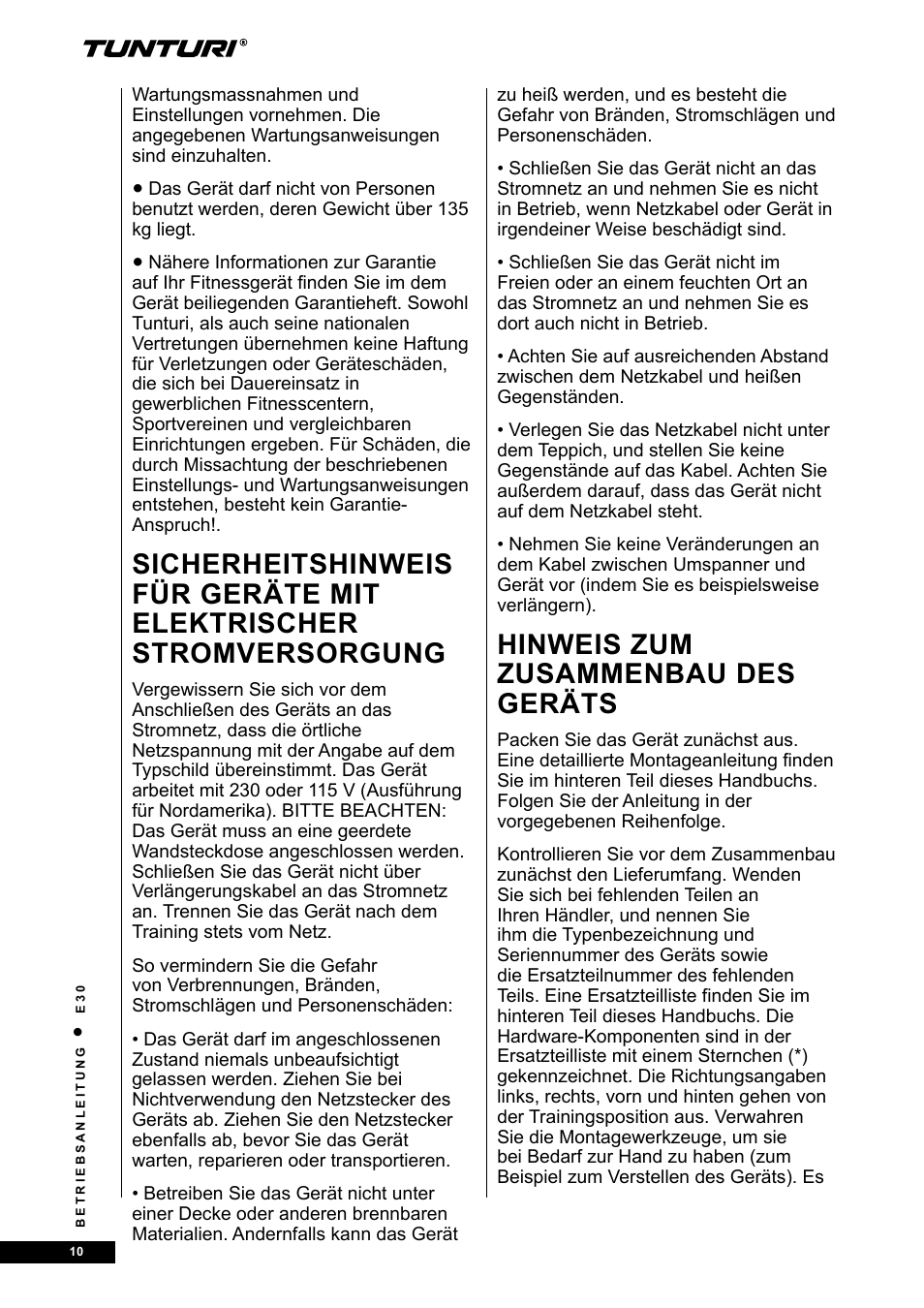 Hinweis zum zusammenbau des geräts | Tunturi E30L User Manual | Page 10 / 72