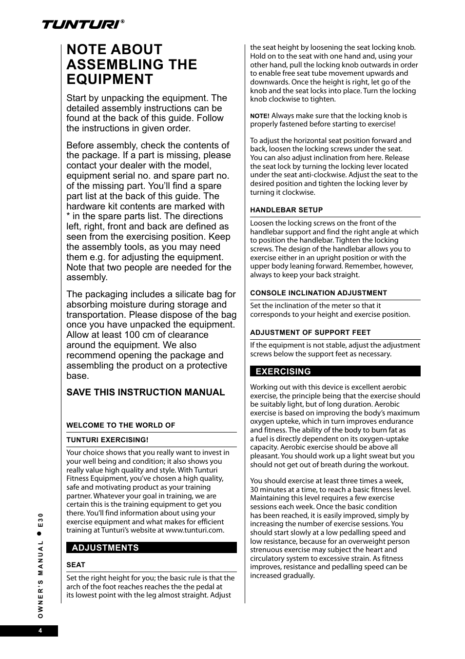 Tunturi E30L User Manual | Page 4 / 72