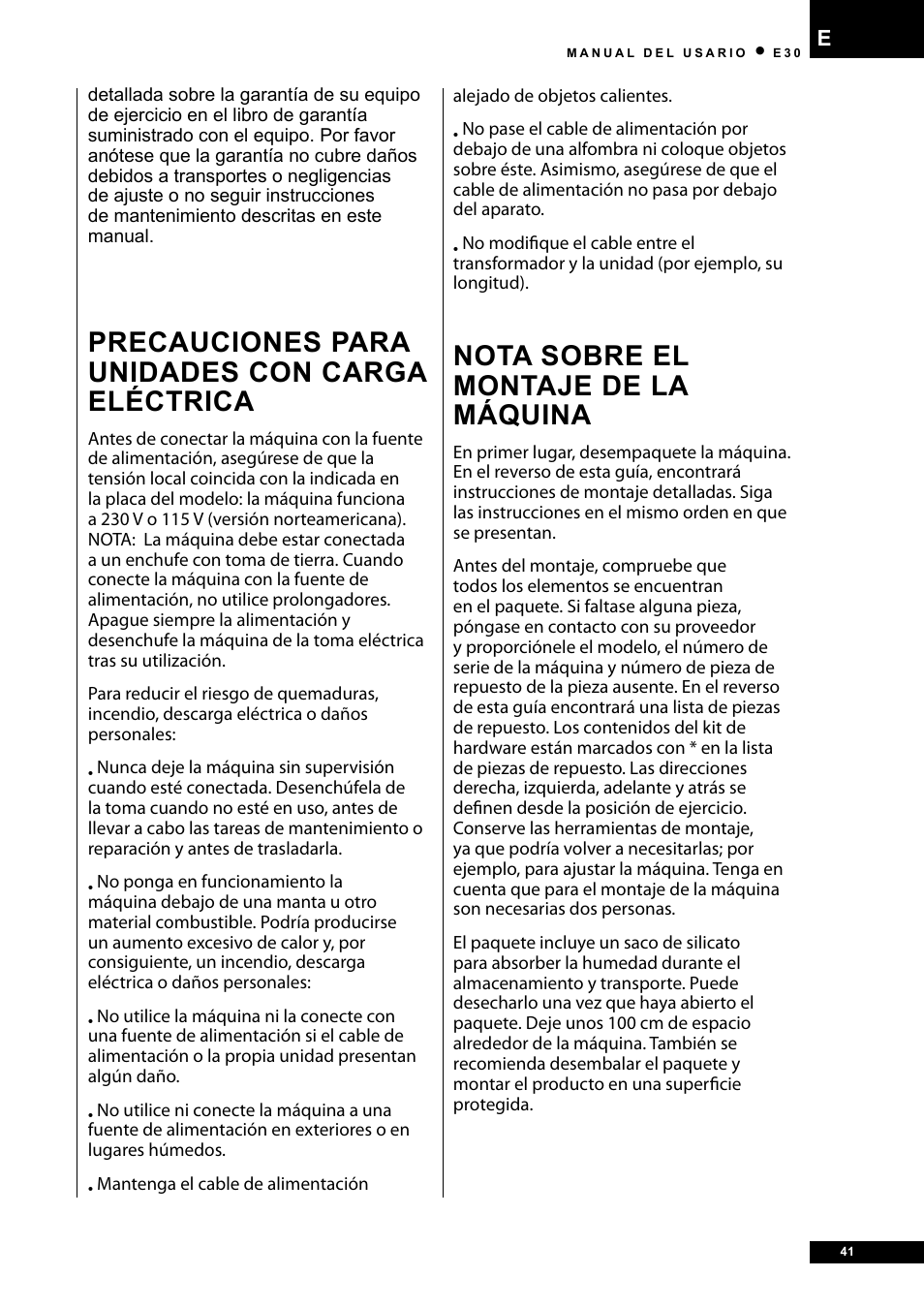 Precauciones para unidades con carga eléctrica, Nota sobre el montaje de la máquina | Tunturi E30L User Manual | Page 41 / 72