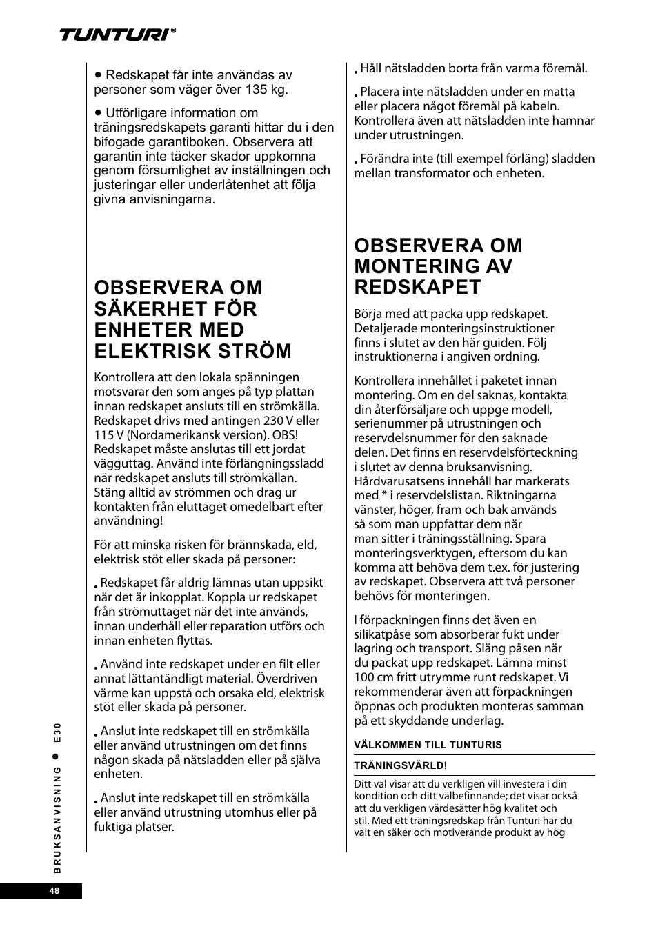 Observera om montering av redskapet | Tunturi E30L User Manual | Page 48 / 72