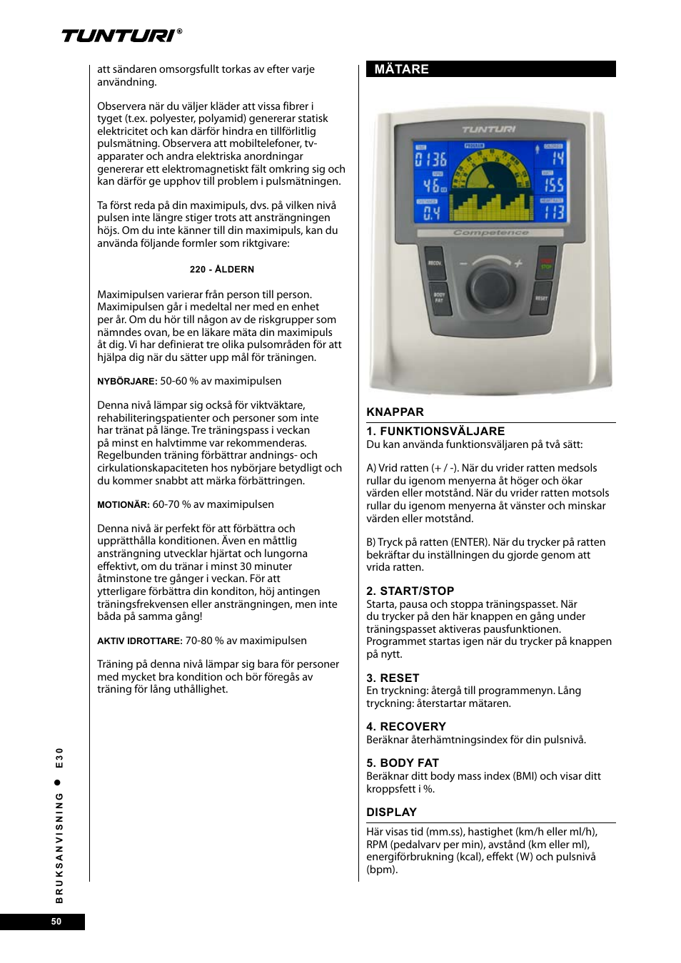 Tunturi E30L User Manual | Page 50 / 72