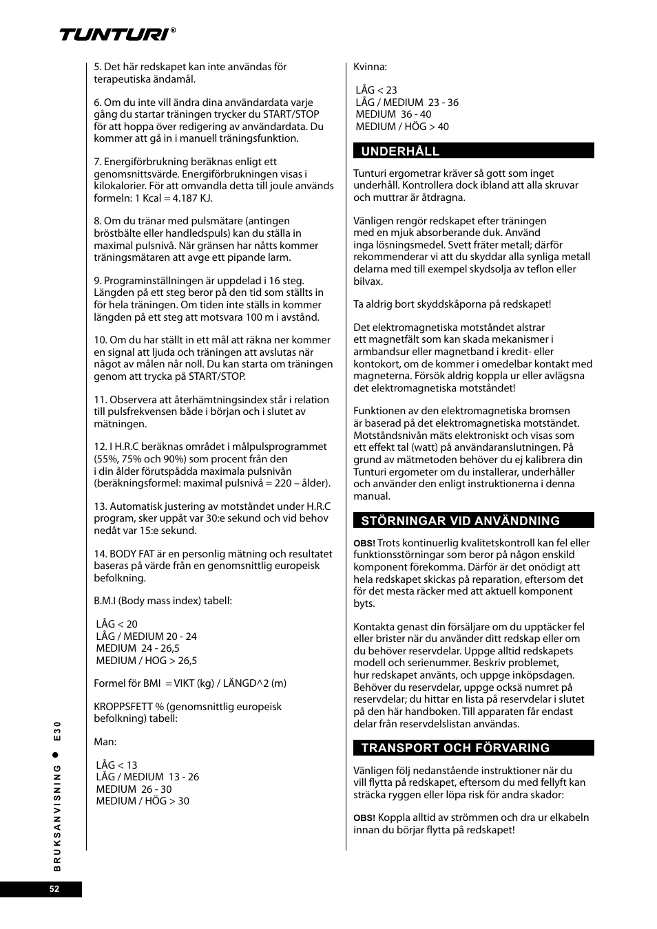 Tunturi E30L User Manual | Page 52 / 72