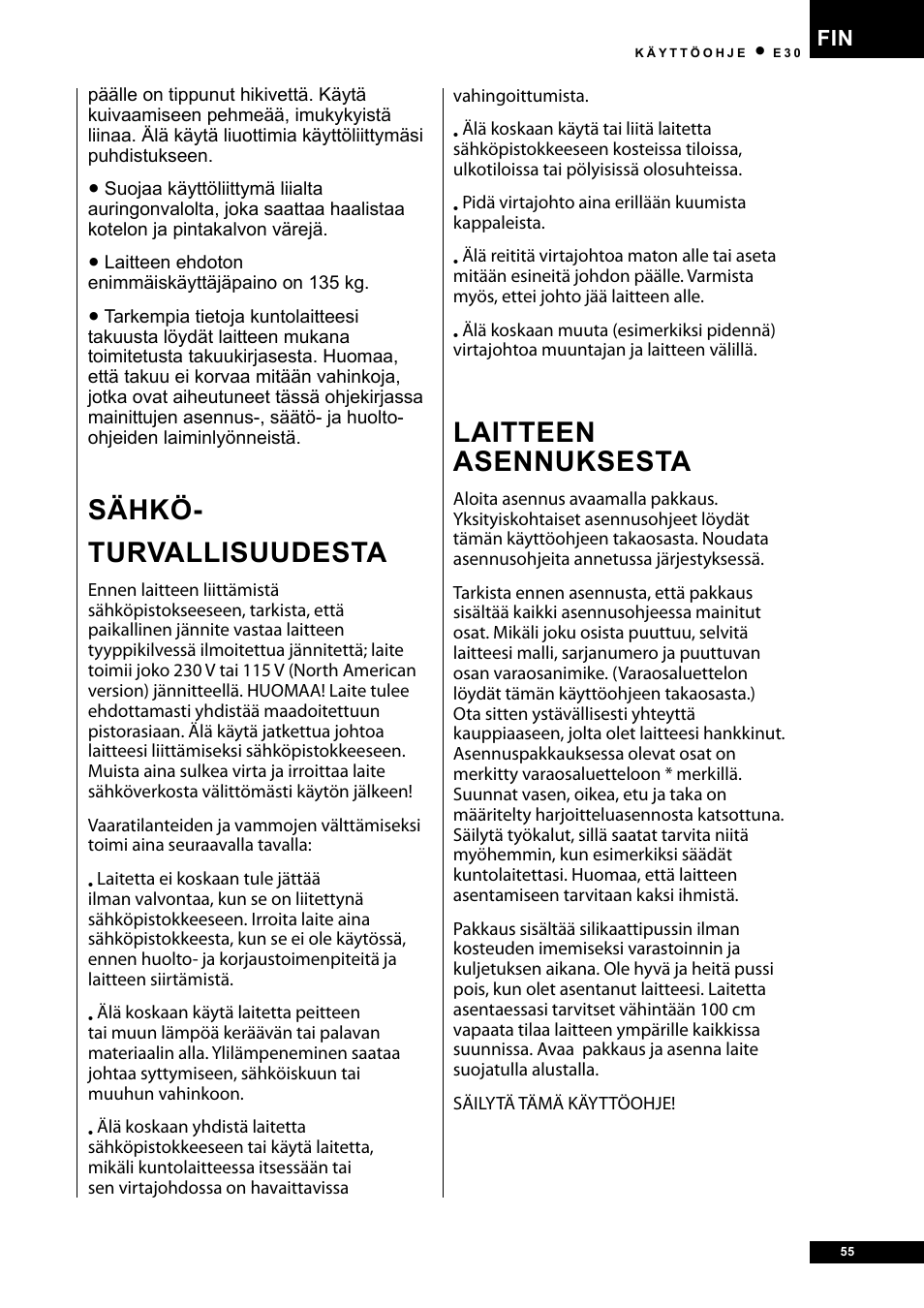 Sähkö- turvallisuudesta, Laitteen asennuksesta | Tunturi E30L User Manual | Page 55 / 72