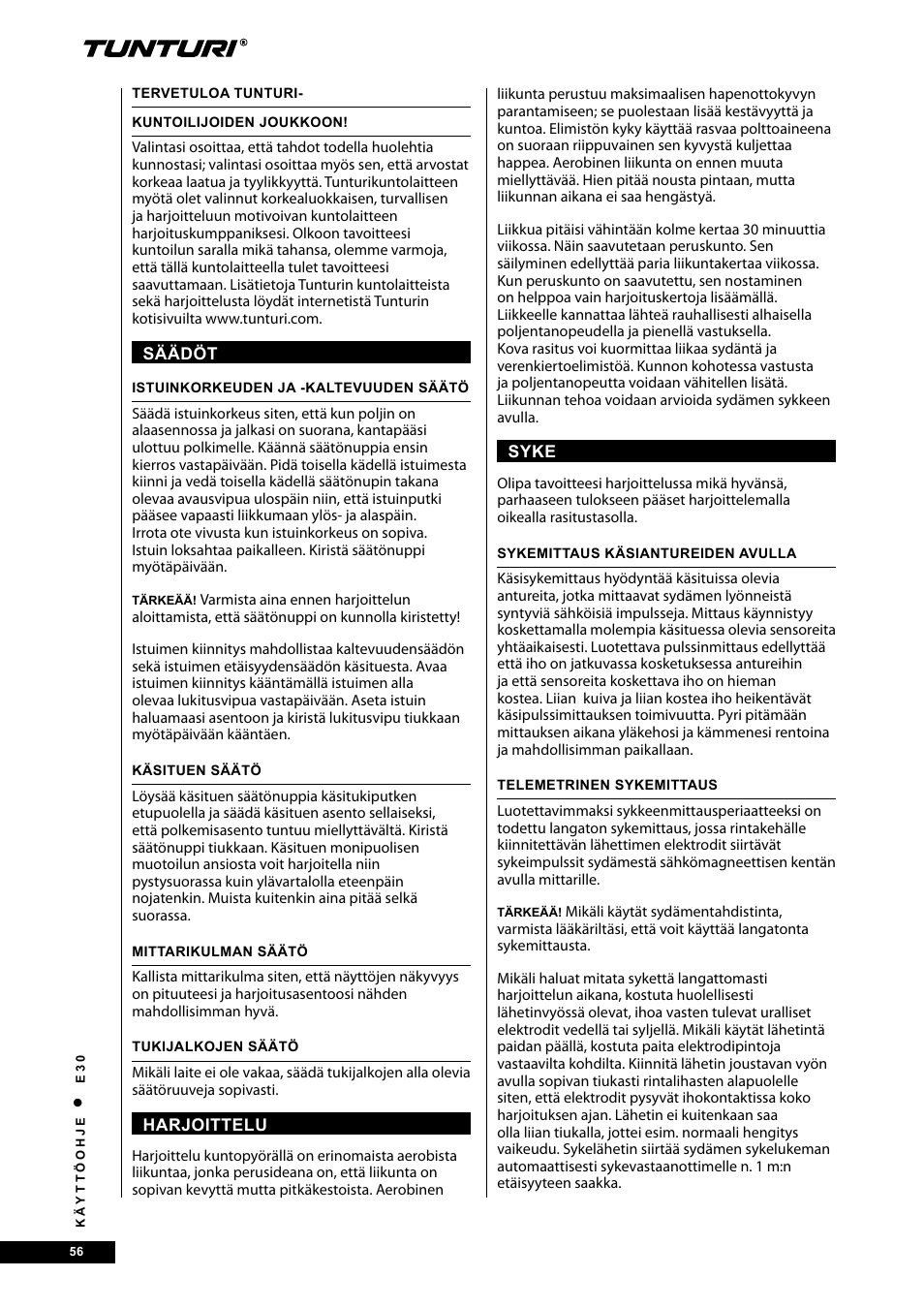 Tunturi E30L User Manual | Page 56 / 72