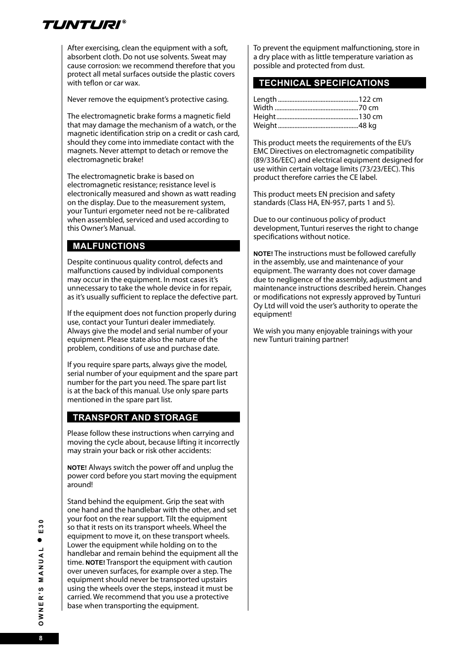 Tunturi E30L User Manual | Page 8 / 72