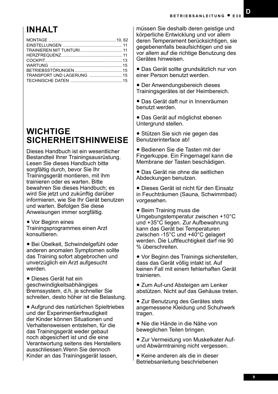 Wichtige sicherheitshinweise, Inhalt | Tunturi E30L User Manual | Page 9 / 72