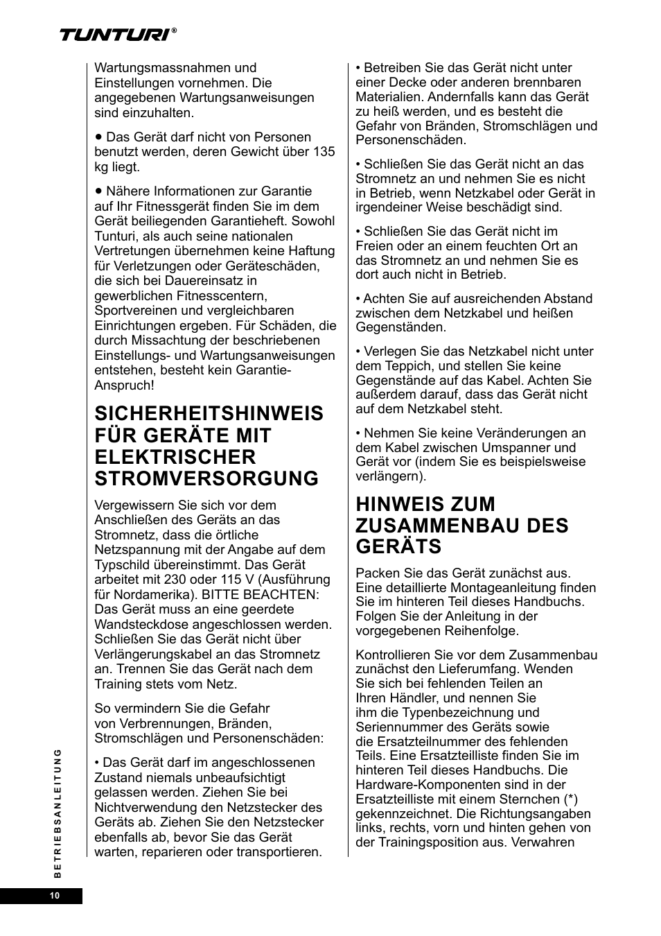 Hinweis zum zusammenbau des geräts | Tunturi E30R User Manual | Page 10 / 72