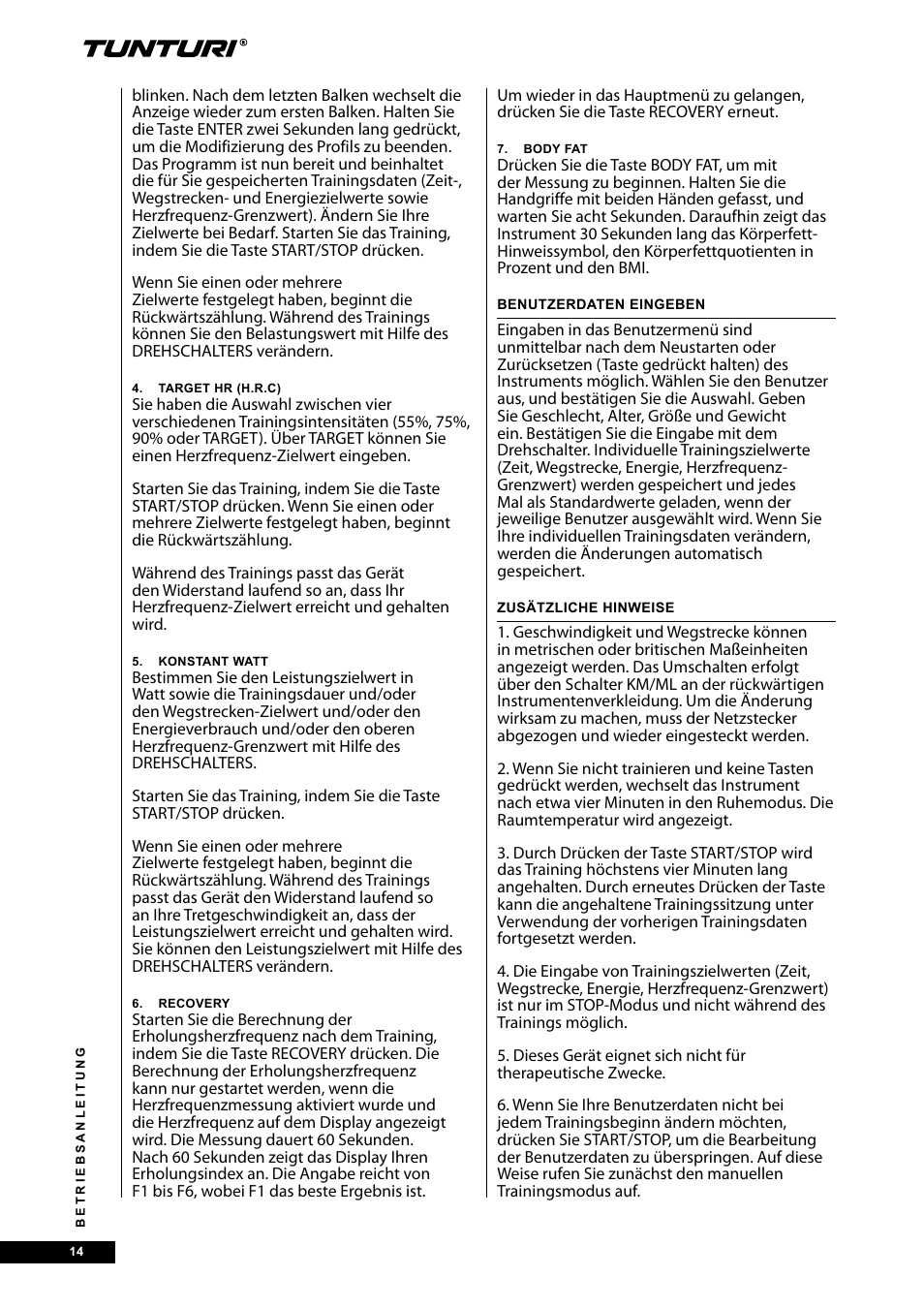 Tunturi E30R User Manual | Page 14 / 72
