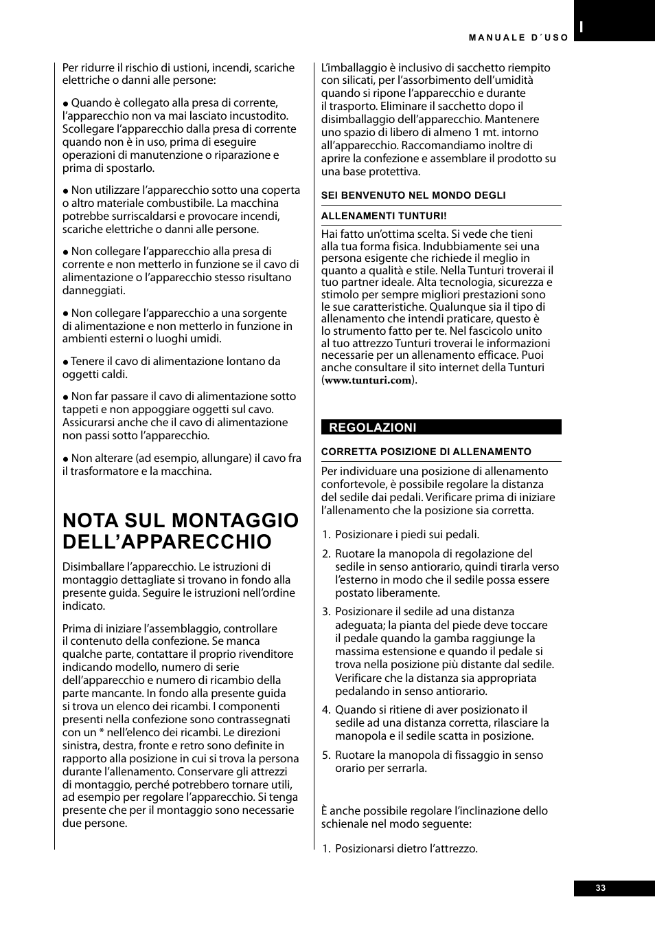 Nota sul montaggio dell’apparecchio | Tunturi E30R User Manual | Page 33 / 72