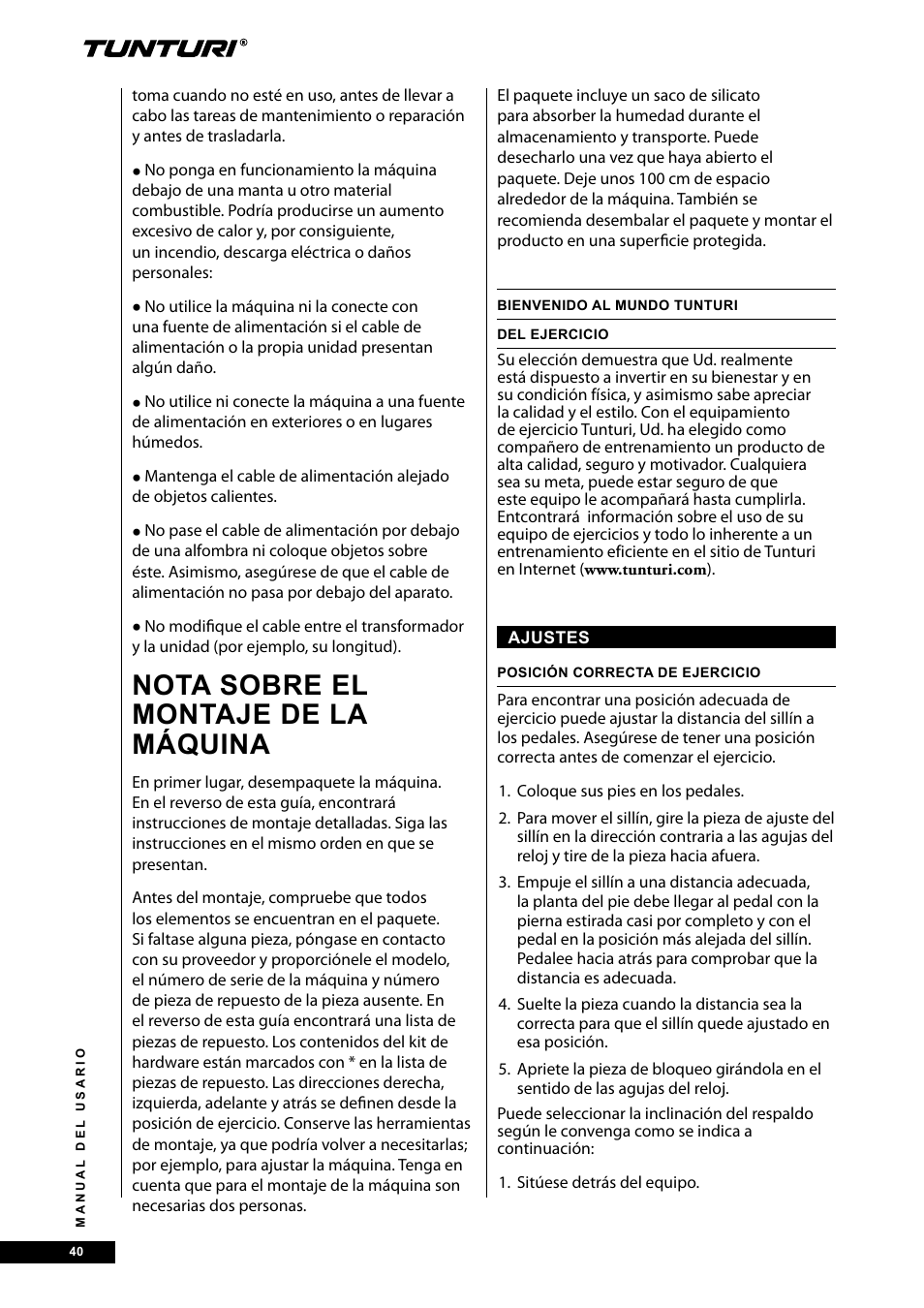 Nota sobre el montaje de la máquina | Tunturi E30R User Manual | Page 40 / 72