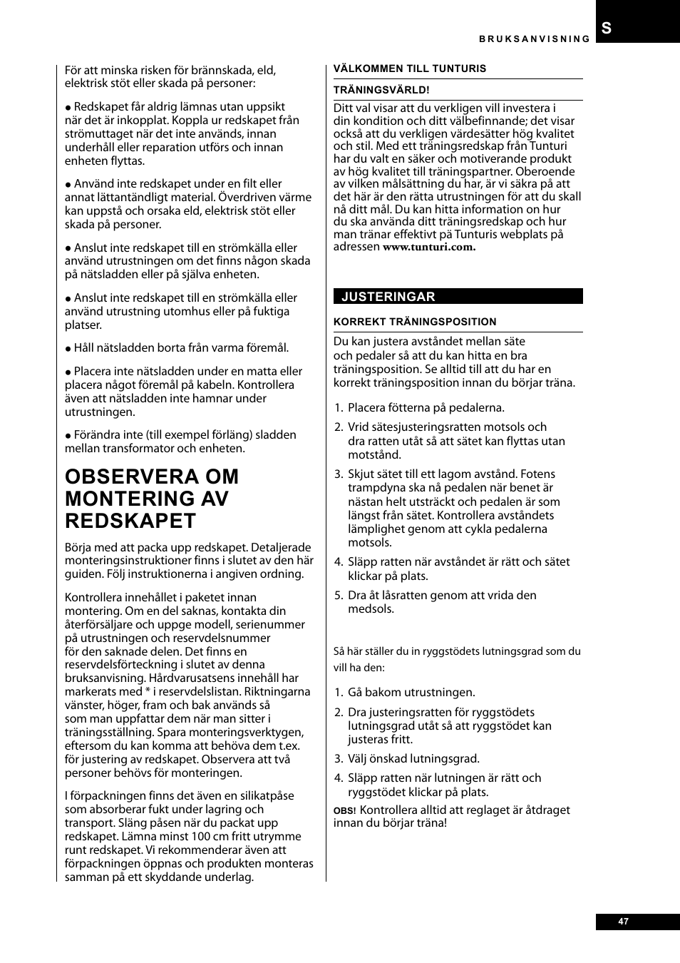 Observera om montering av redskapet | Tunturi E30R User Manual | Page 47 / 72