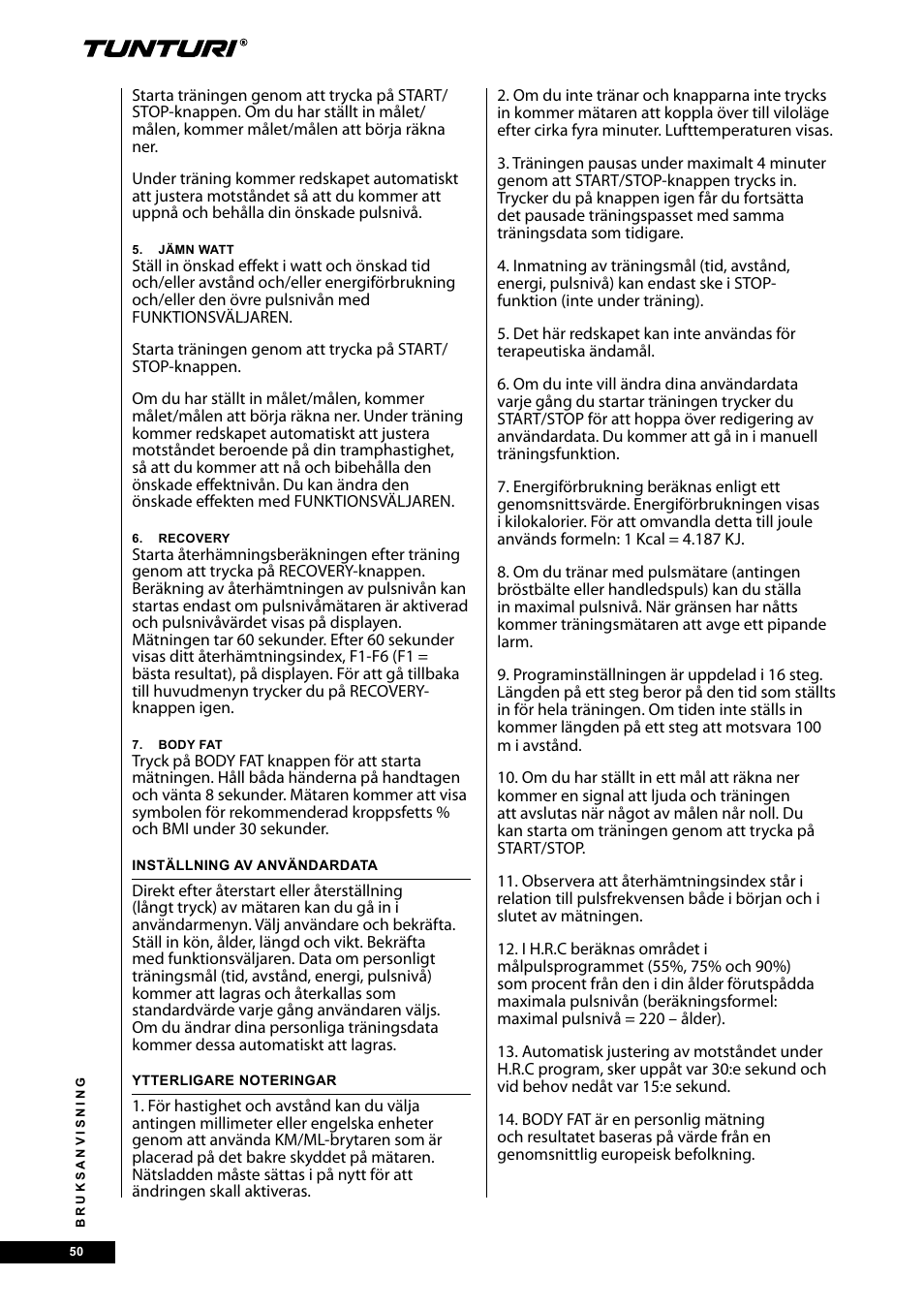 Tunturi E30R User Manual | Page 50 / 72