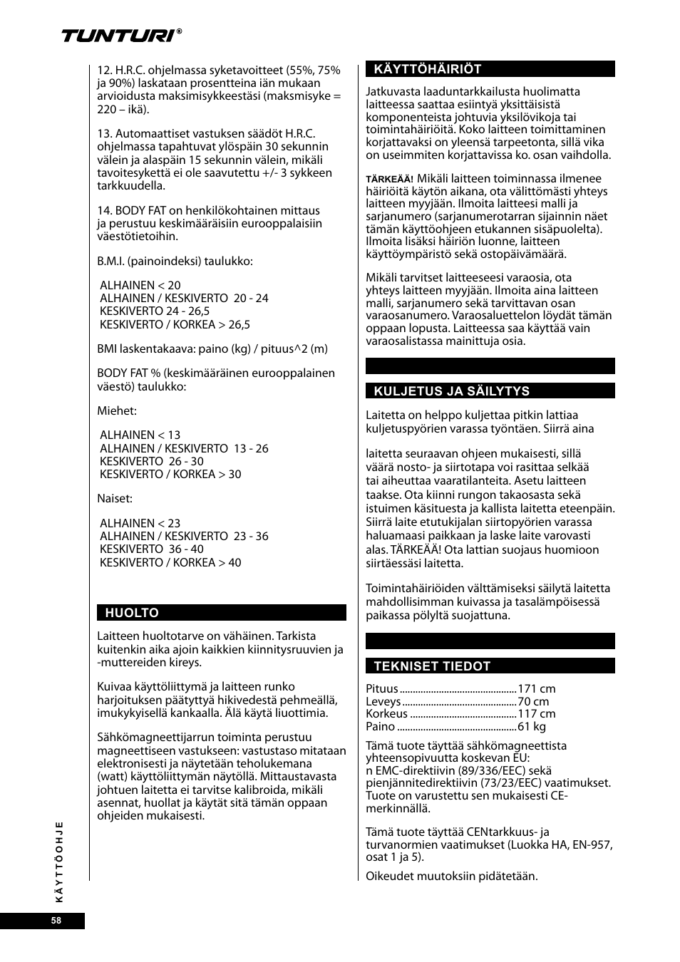 Tunturi E30R User Manual | Page 58 / 72