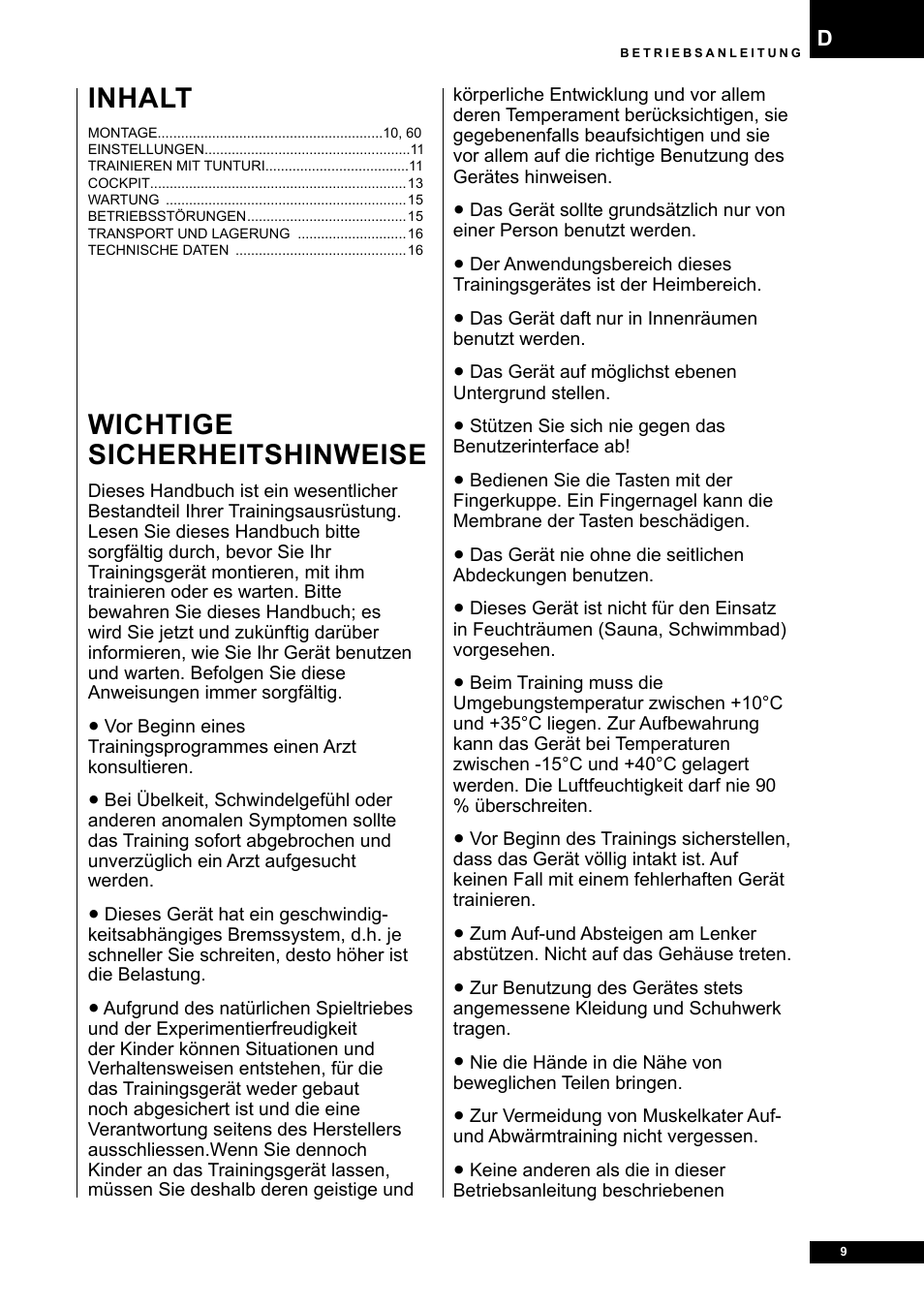 Wichtige sicherheitshinweise, Inhalt | Tunturi E30R User Manual | Page 9 / 72