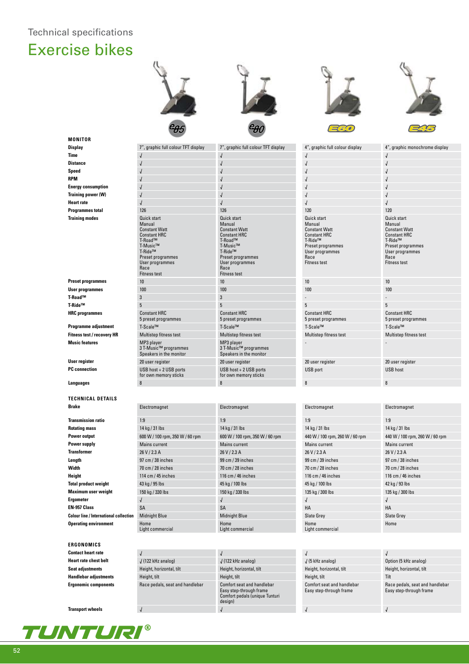 Exercise bikes, Technical specifications | Tunturi C85 User Manual | Page 52 / 56