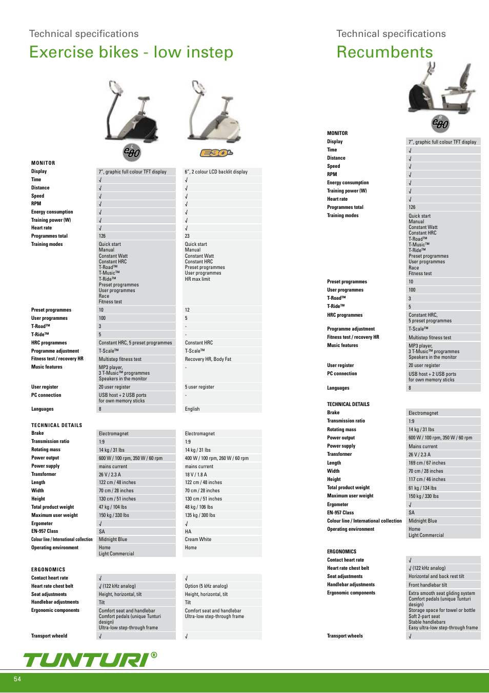 Recumbents, Exercise bikes - low instep, Technical specifications | Tunturi C85 User Manual | Page 54 / 56