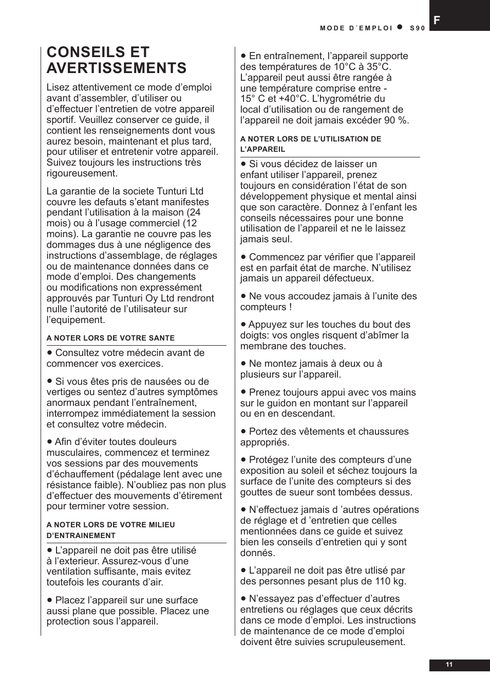 Conseils et avertissements | Tunturi S90 User Manual | Page 11 / 40