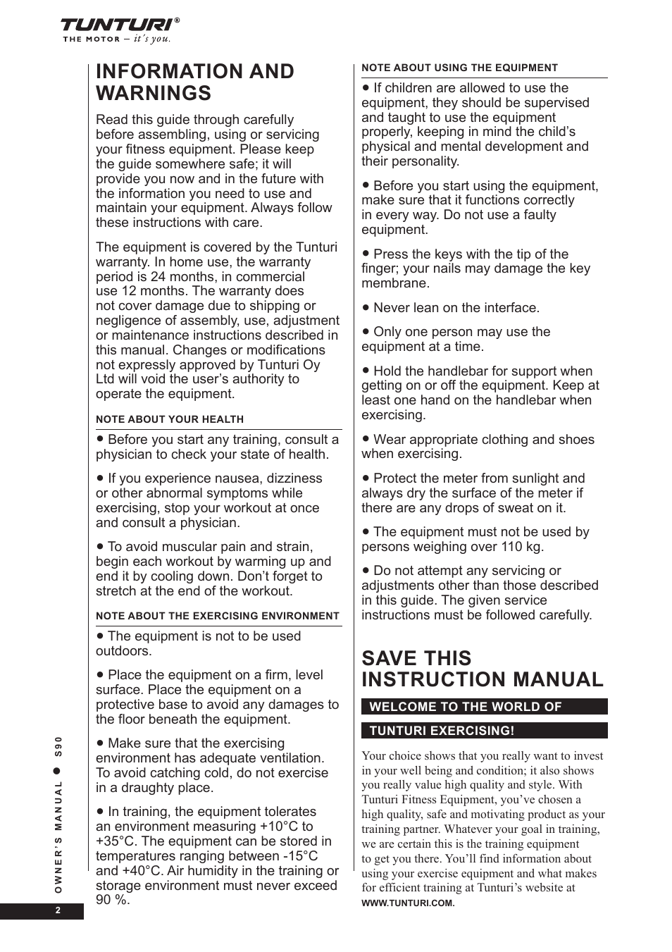 Information and warnings, Save this instruction manual | Tunturi S90 User Manual | Page 2 / 40