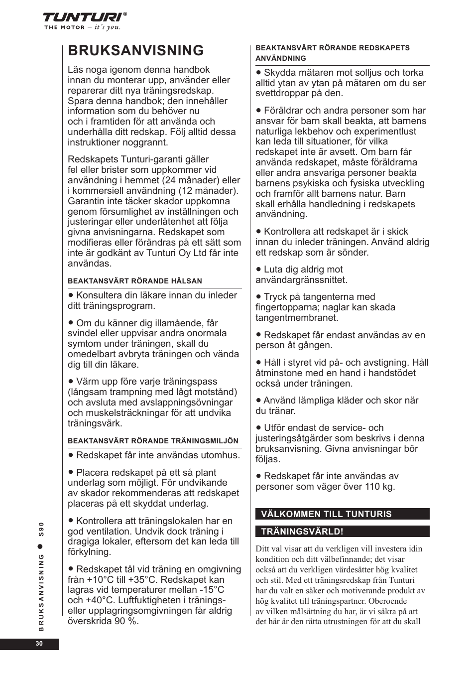 Bruksanvisning | Tunturi S90 User Manual | Page 30 / 40