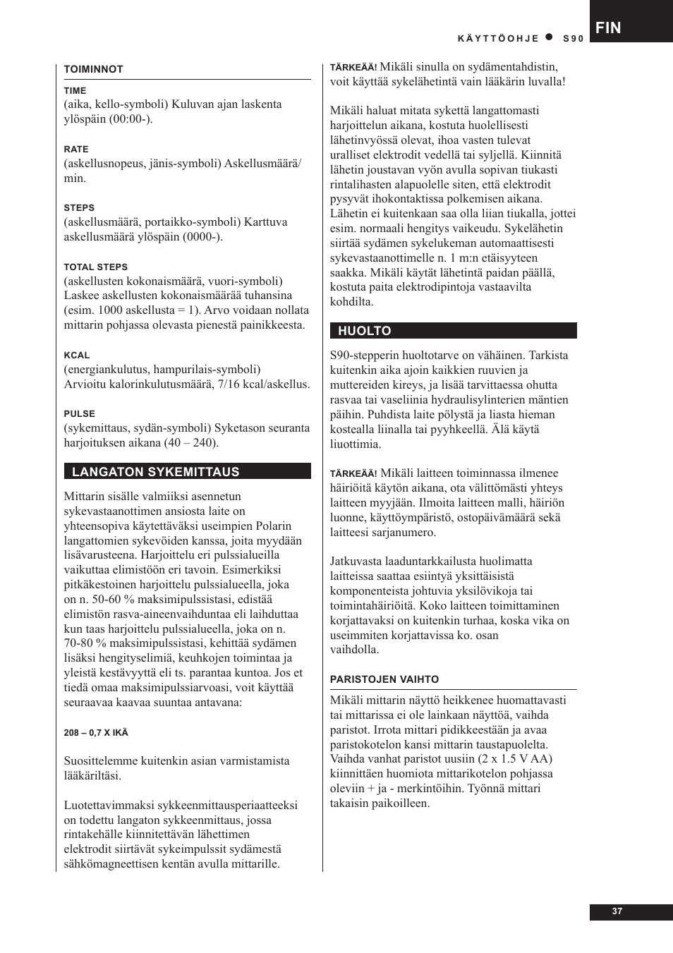 Tunturi S90 User Manual | Page 37 / 40