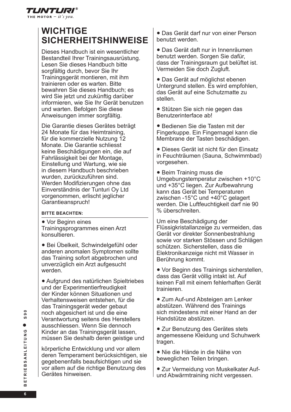 Wichtige sicherheitshinweise | Tunturi S90 User Manual | Page 6 / 40