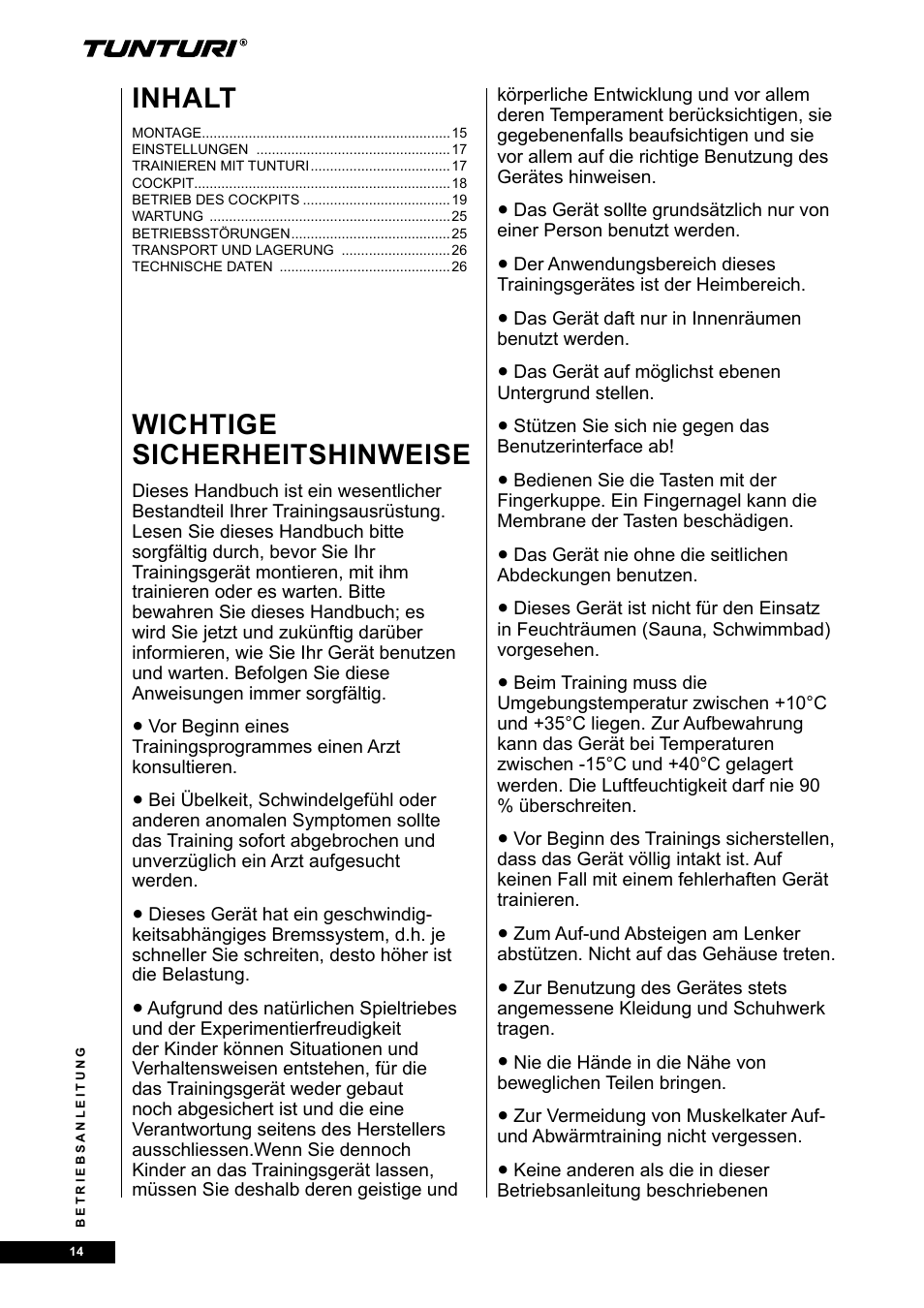 Wichtige sicherheitshinweise, Inhalt | Tunturi E85 User Manual | Page 14 / 104