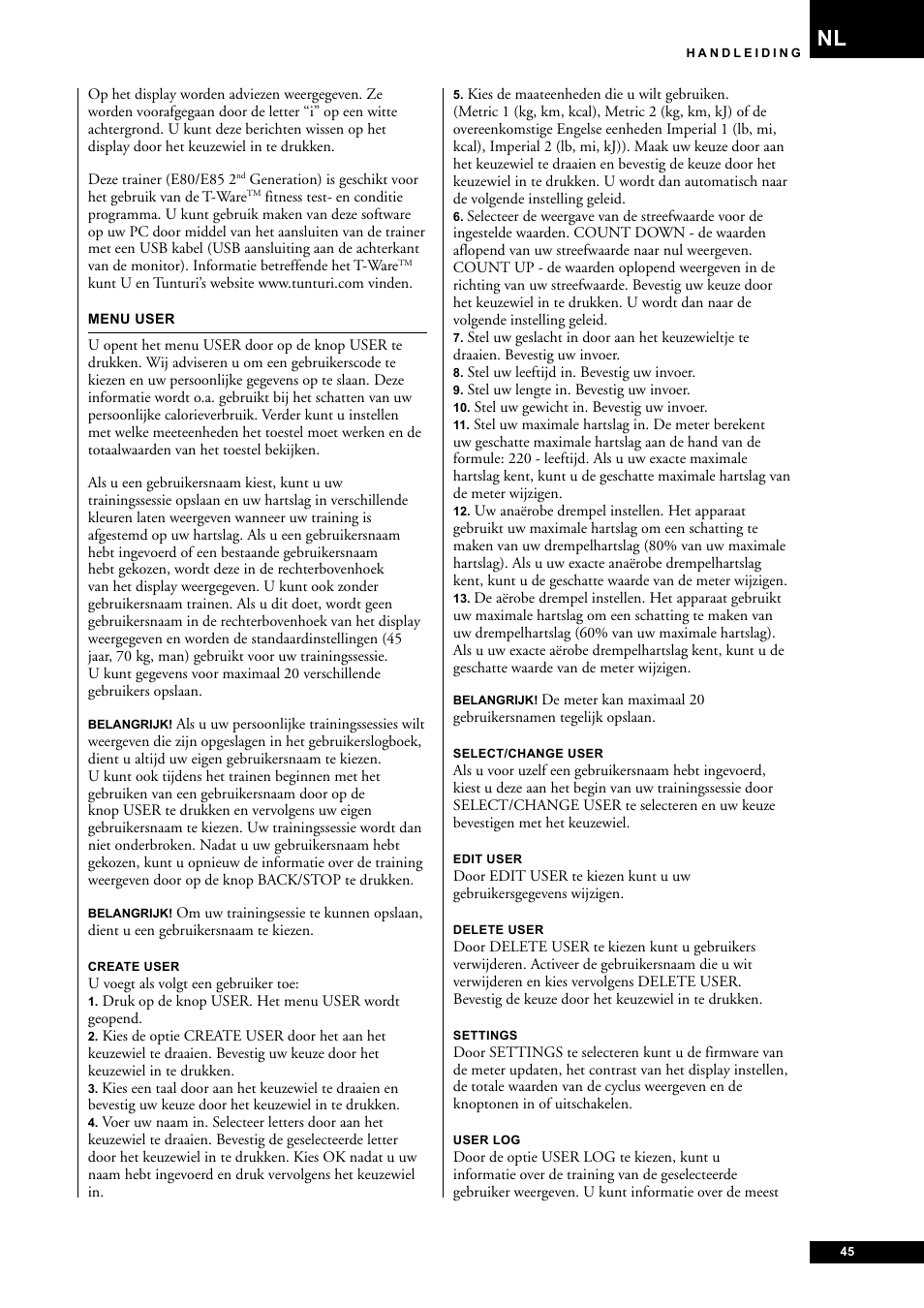 Tunturi E85 User Manual | Page 45 / 104