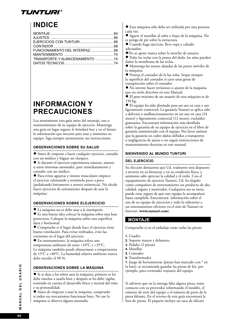 Informacion y precauciones, Indice | Tunturi E85 User Manual | Page 64 / 104