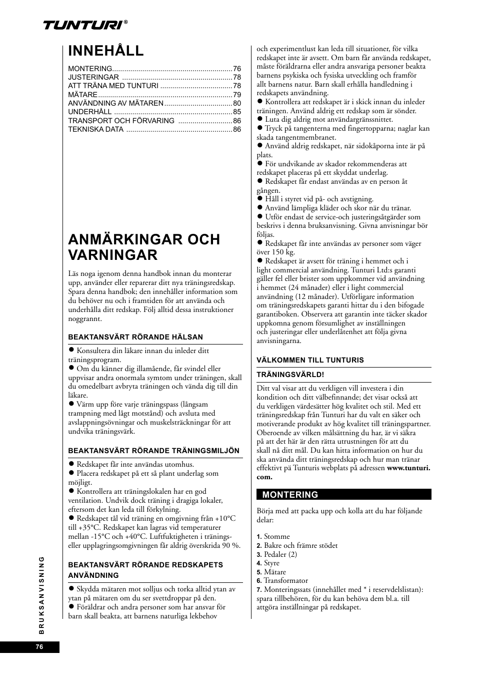 Anmärkingar och varningar, Innehåll | Tunturi E85 User Manual | Page 76 / 104