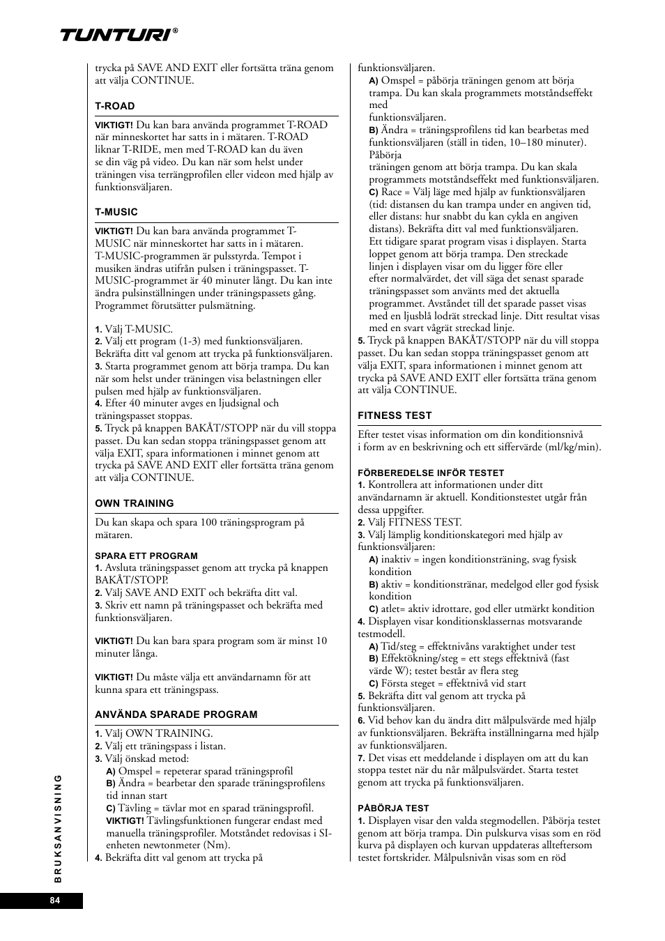 Tunturi E85 User Manual | Page 84 / 104