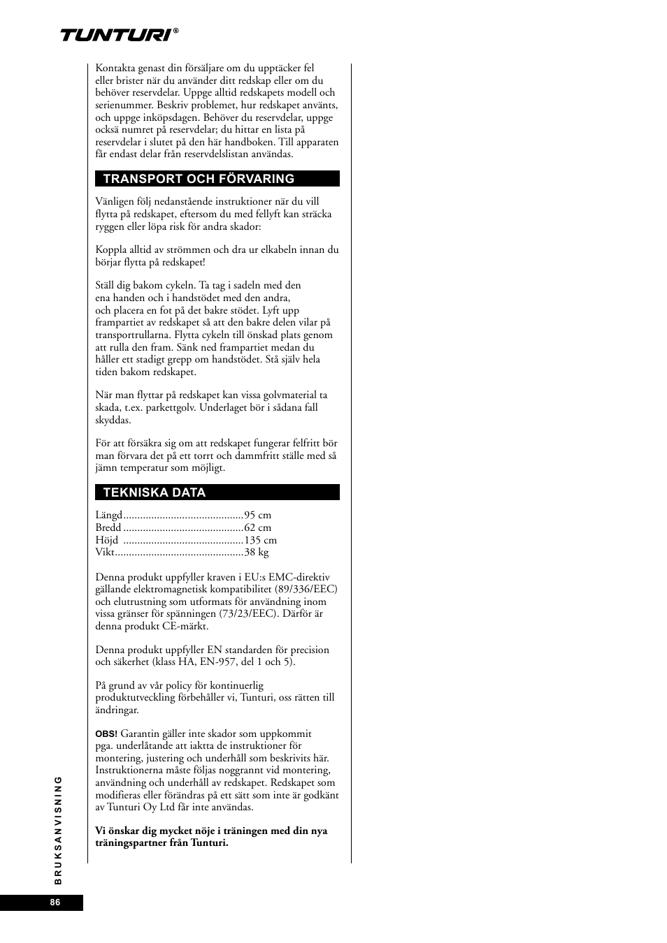 Tunturi E85 User Manual | Page 86 / 104