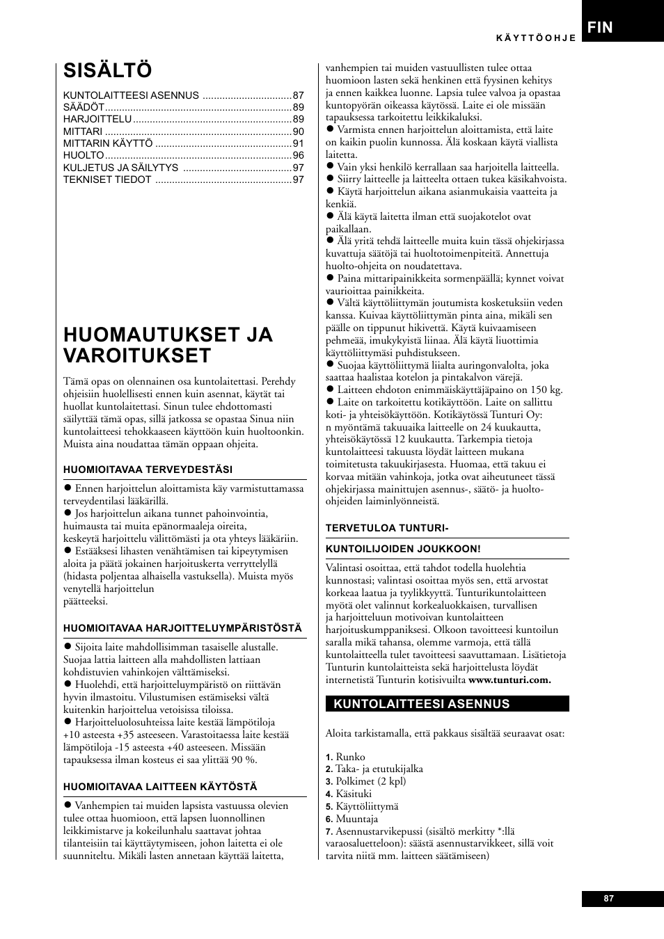 Huomautukset ja varoitukset, Sisältö | Tunturi E85 User Manual | Page 87 / 104